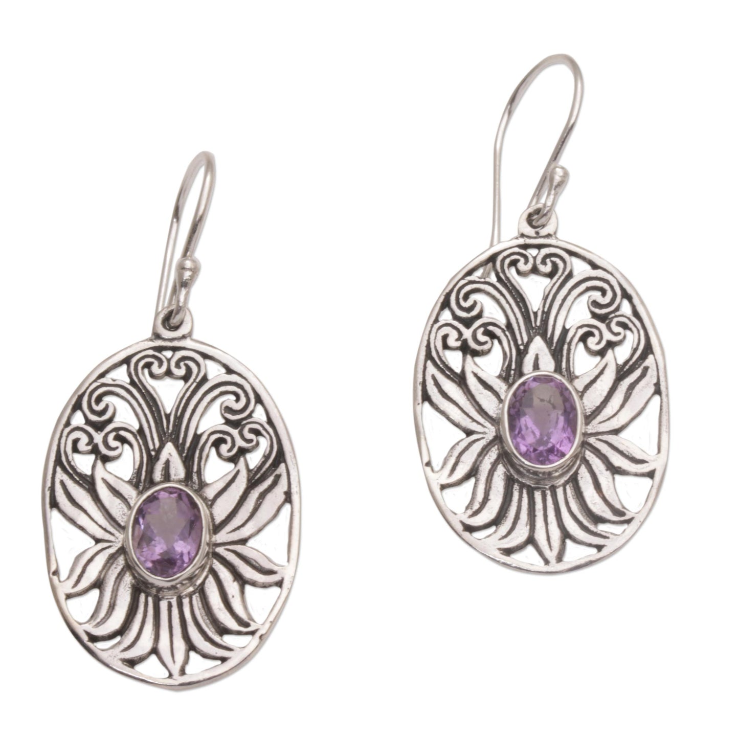 Daylight Lotus Balinese Amethyst and Sterling Silver Lotus Dangle Earrings