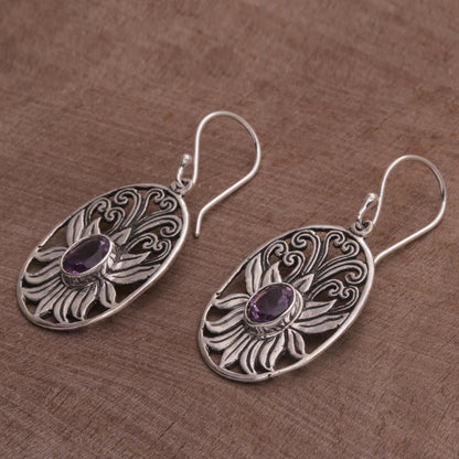 Daylight Lotus Balinese Amethyst and Sterling Silver Lotus Dangle Earrings