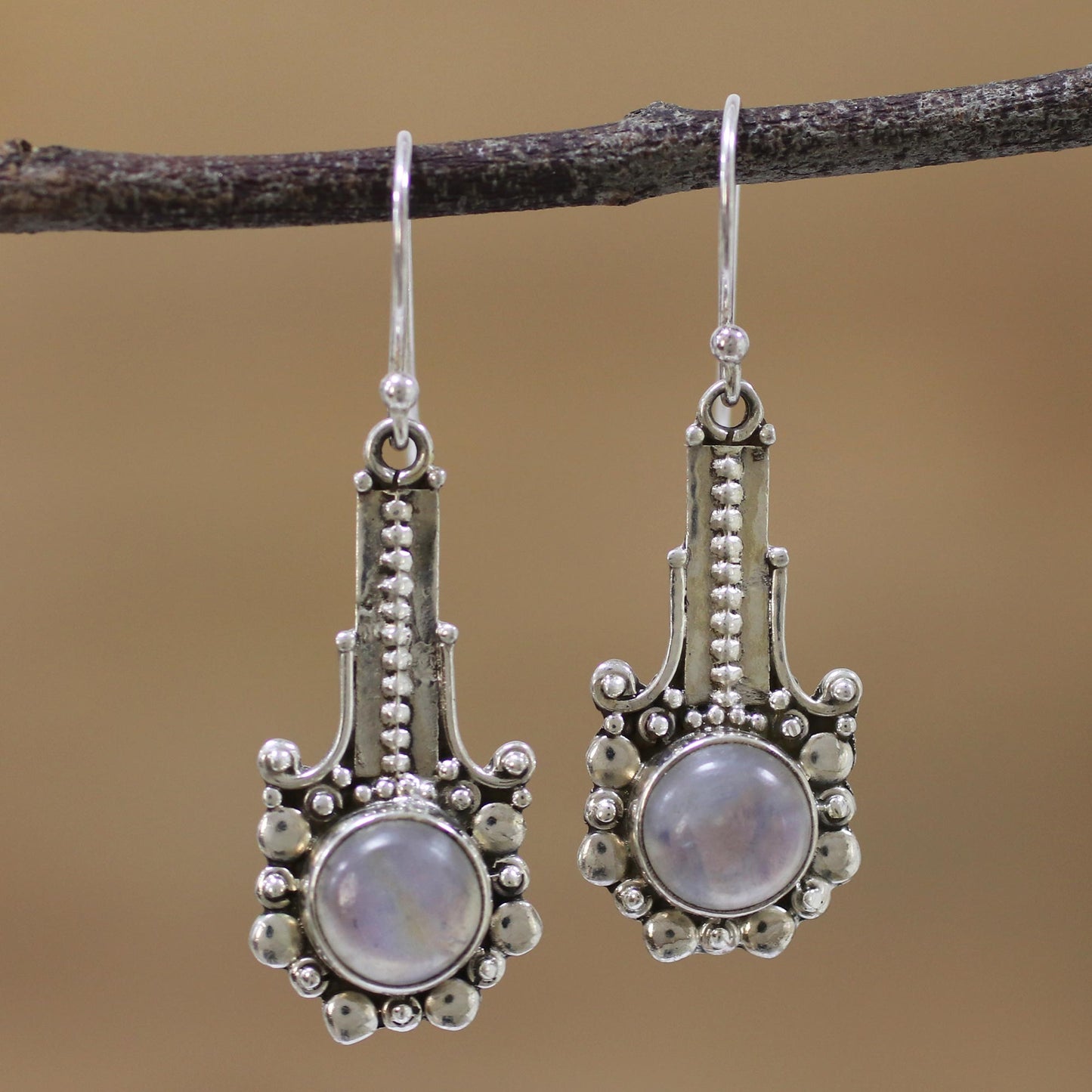 Magical Pendulums Rainbow Moonstone and 925 Silver Dangle Earrings from India