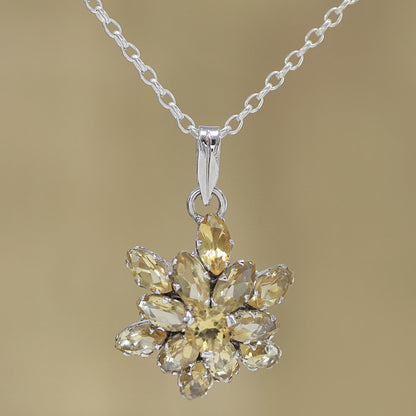 Golden Burst Rhodium Plated Citrine Pendant Necklace from India