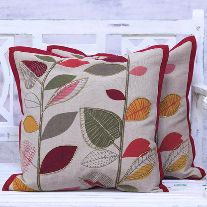 Vibrant Leaves Multicolored Cotton Cushion Covers with Leaf Motifs (Pair)