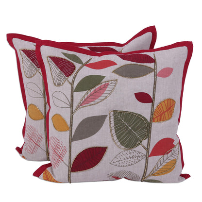 Vibrant Leaves Multicolored Cotton Cushion Covers with Leaf Motifs (Pair)