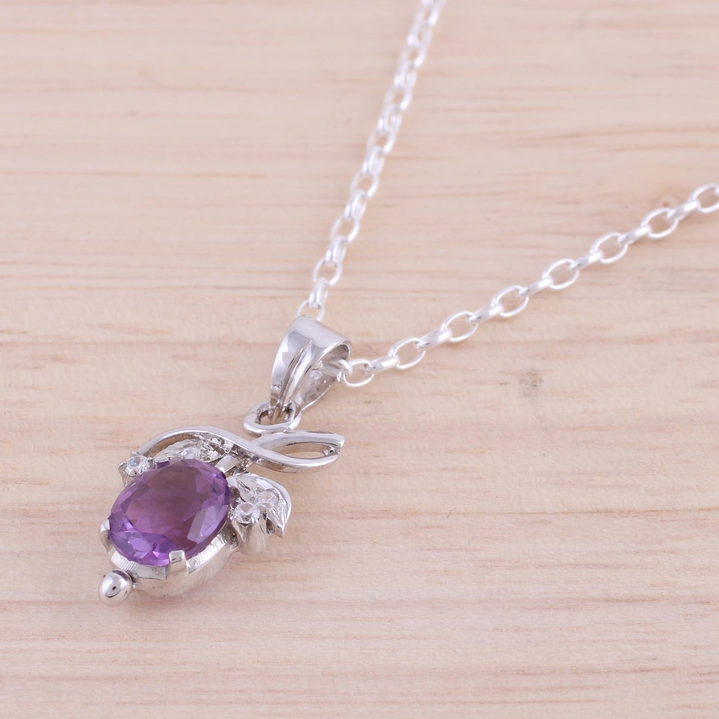 Lilac Fruit Rhodium Plated Amethyst Fruit Pendant Necklace from India