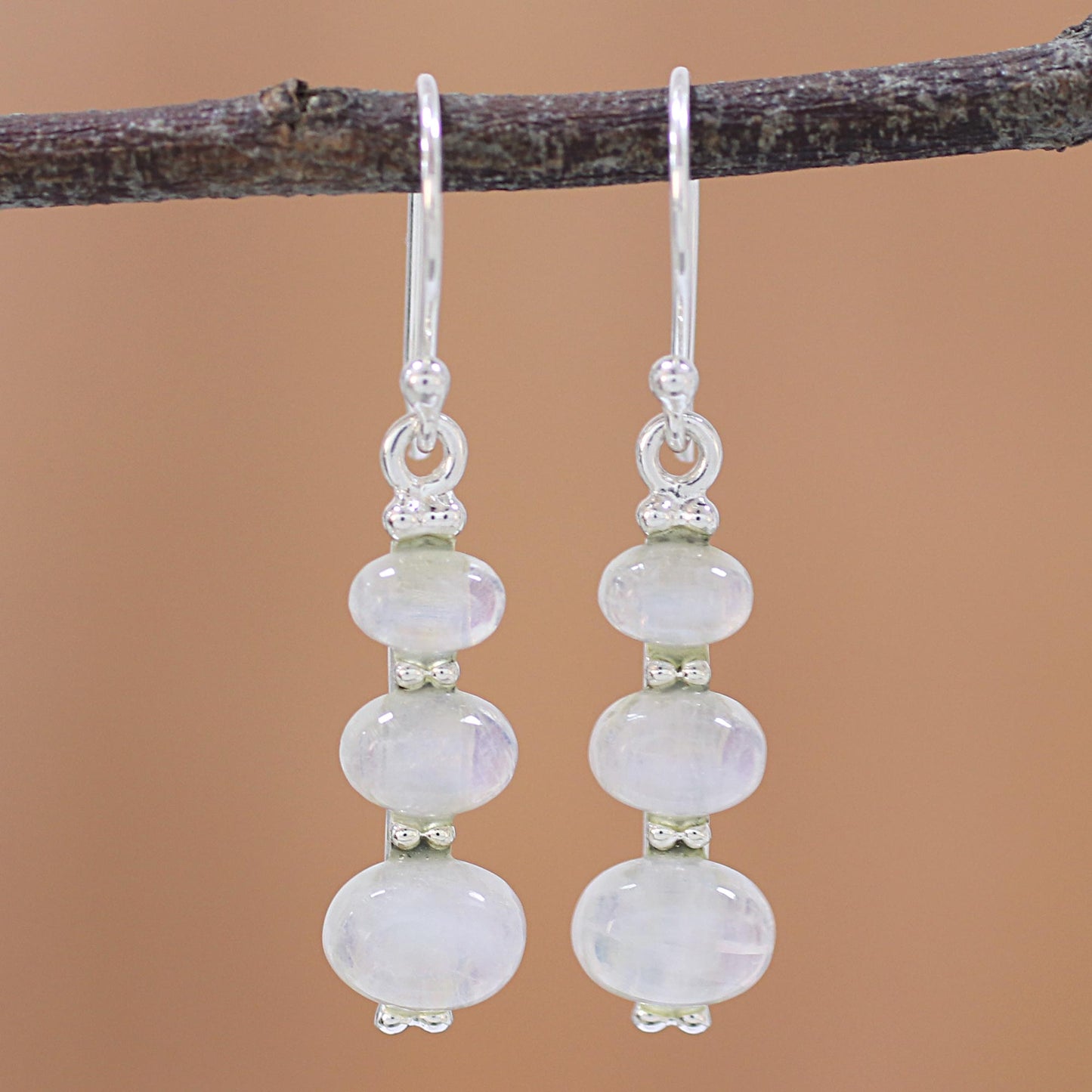 Natural Ellipses Rainbow Moonstone and 925 Silver Dangle Earrings from India