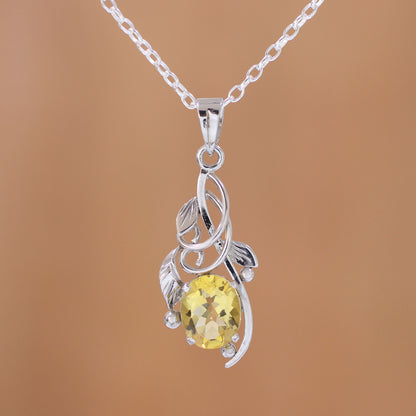 Warm Sunshine Rhodium Plated Citrine Pendant Necklace from India