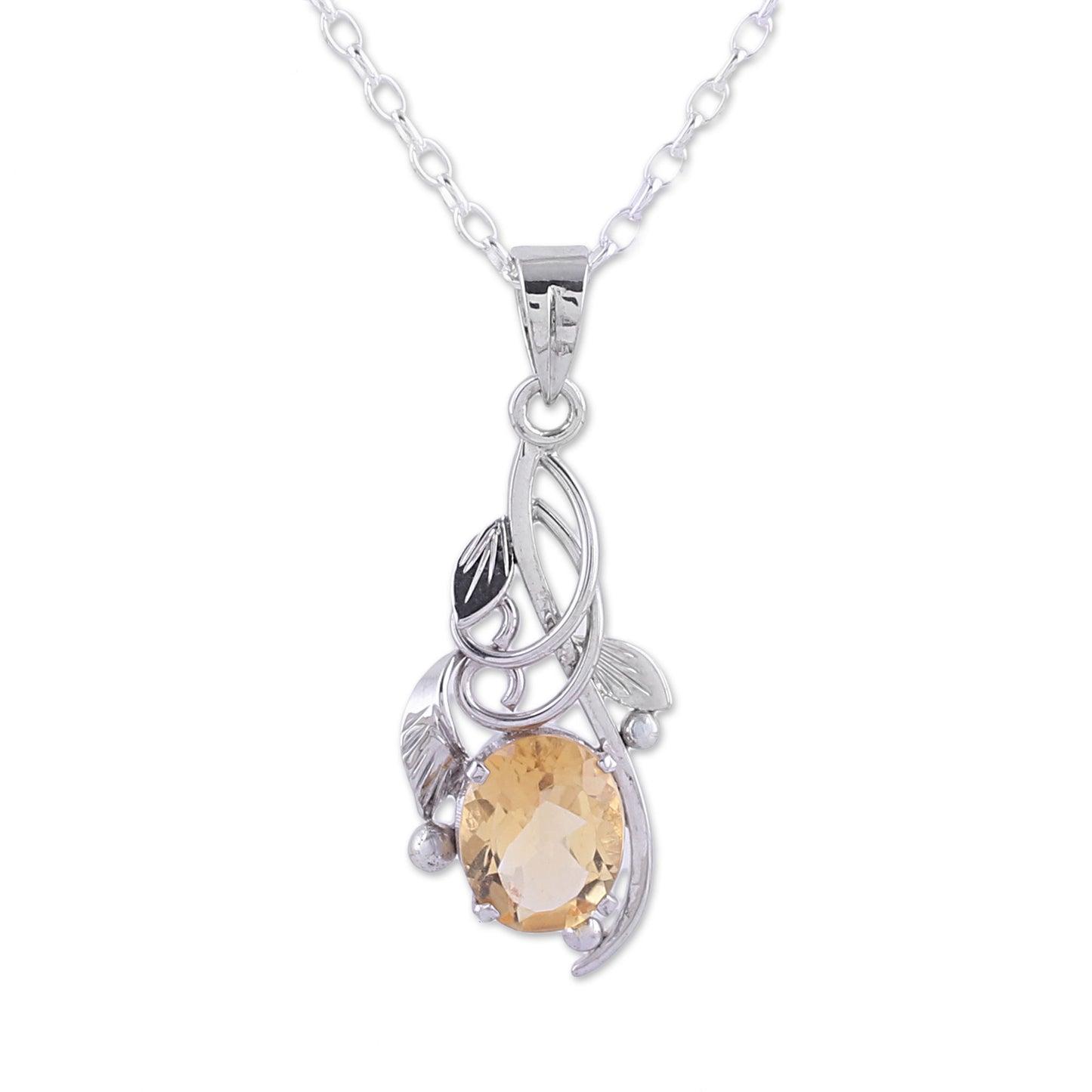 Warm Sunshine Rhodium Plated Citrine Pendant Necklace from India