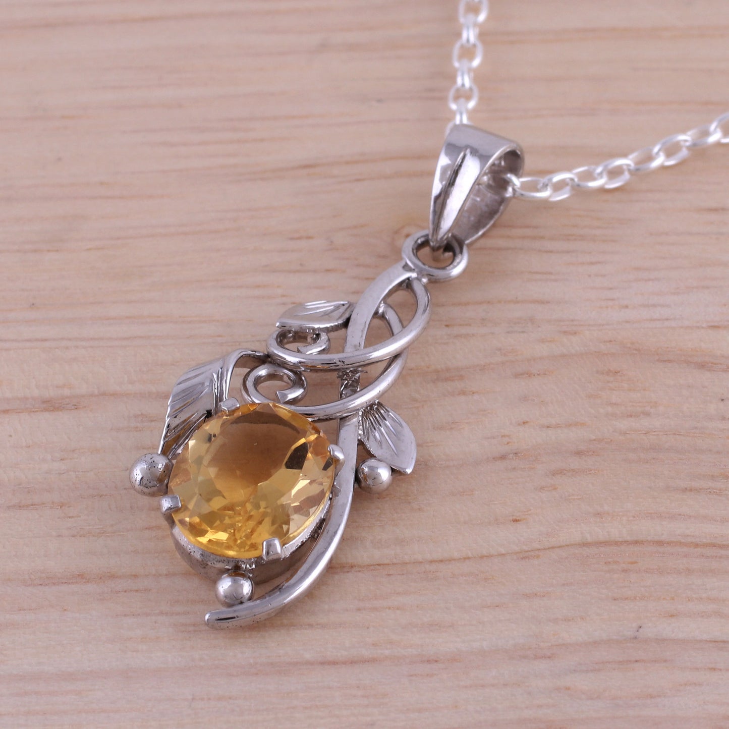 Warm Sunshine Rhodium Plated Citrine Pendant Necklace from India