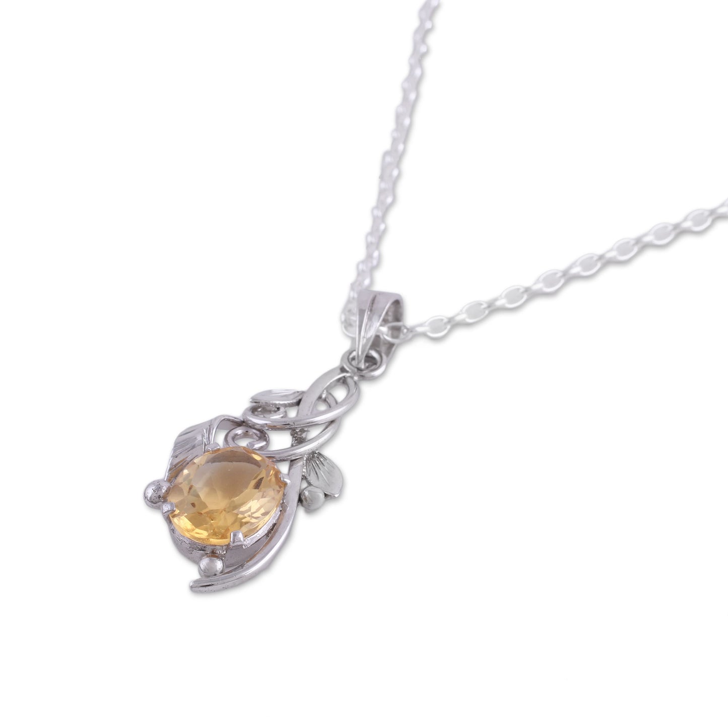 Warm Sunshine Rhodium Plated Citrine Pendant Necklace from India