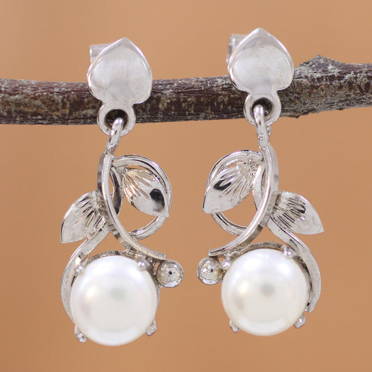 Purity Vines Rhodium Plated Cultured Pearl Dangle Earrings from India