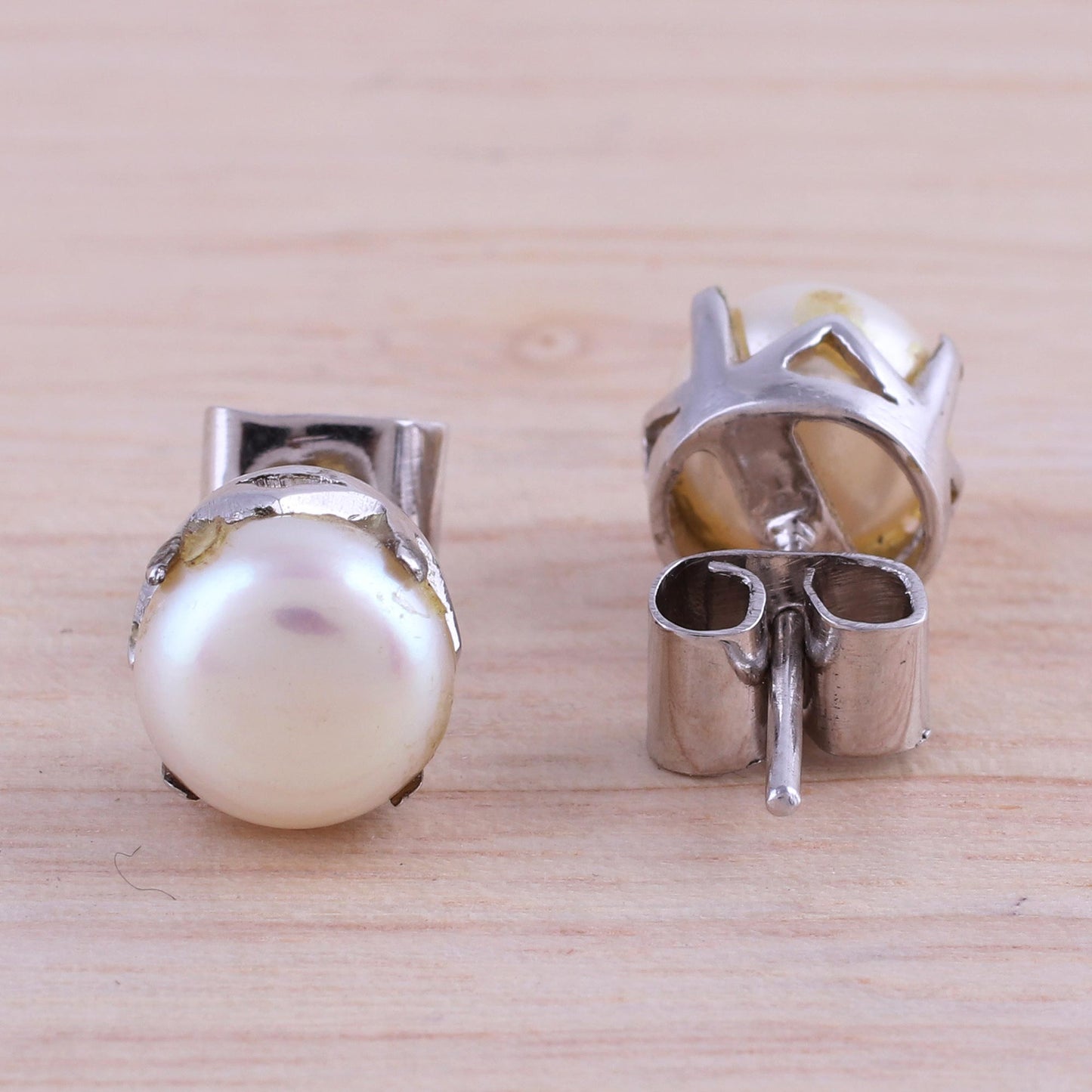 Timeless Appeal Rhodium Plated Cultured Pearl Stud Earrings from India