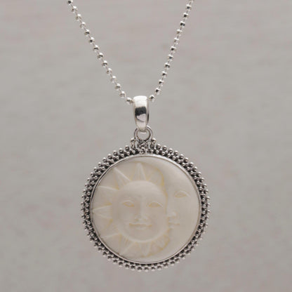 Stellar Lovers Sterling Silver and Bone Sun and Moon Necklace from Bali