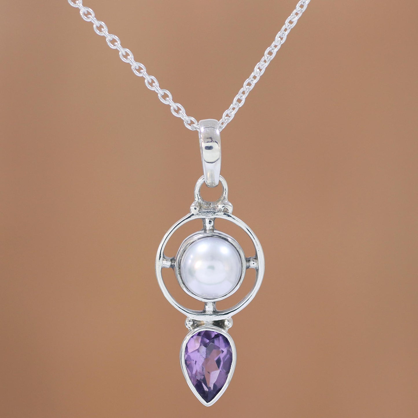 Wheel of Wonder Amethyst and Cultured Pearl Pendant Necklace from India