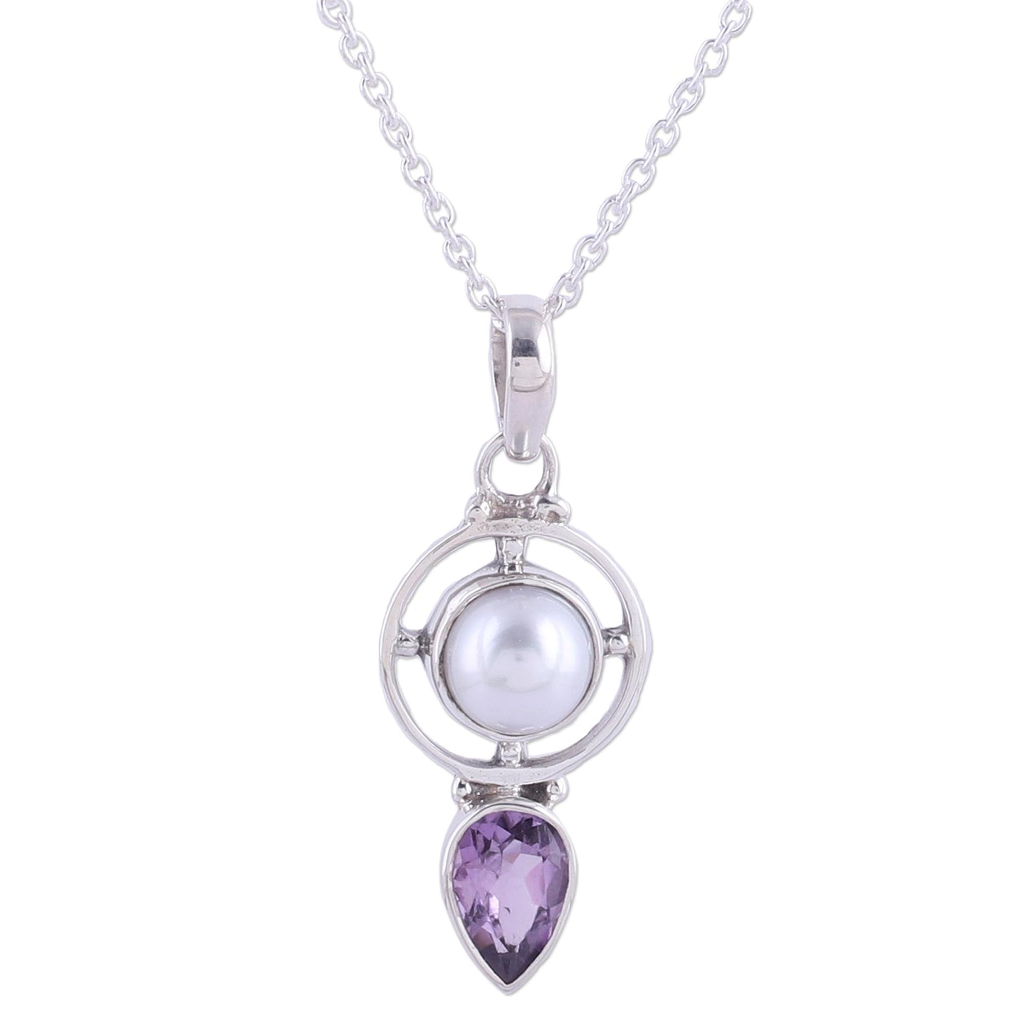 Wheel of Wonder Amethyst and Cultured Pearl Pendant Necklace from India