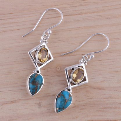 Alluring Combination Citrine and Composite Turquoise Earrings from India