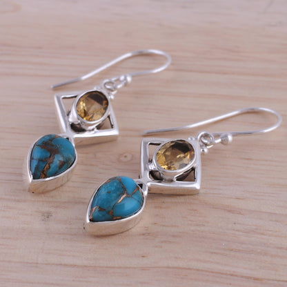 Alluring Combination Citrine and Composite Turquoise Earrings from India