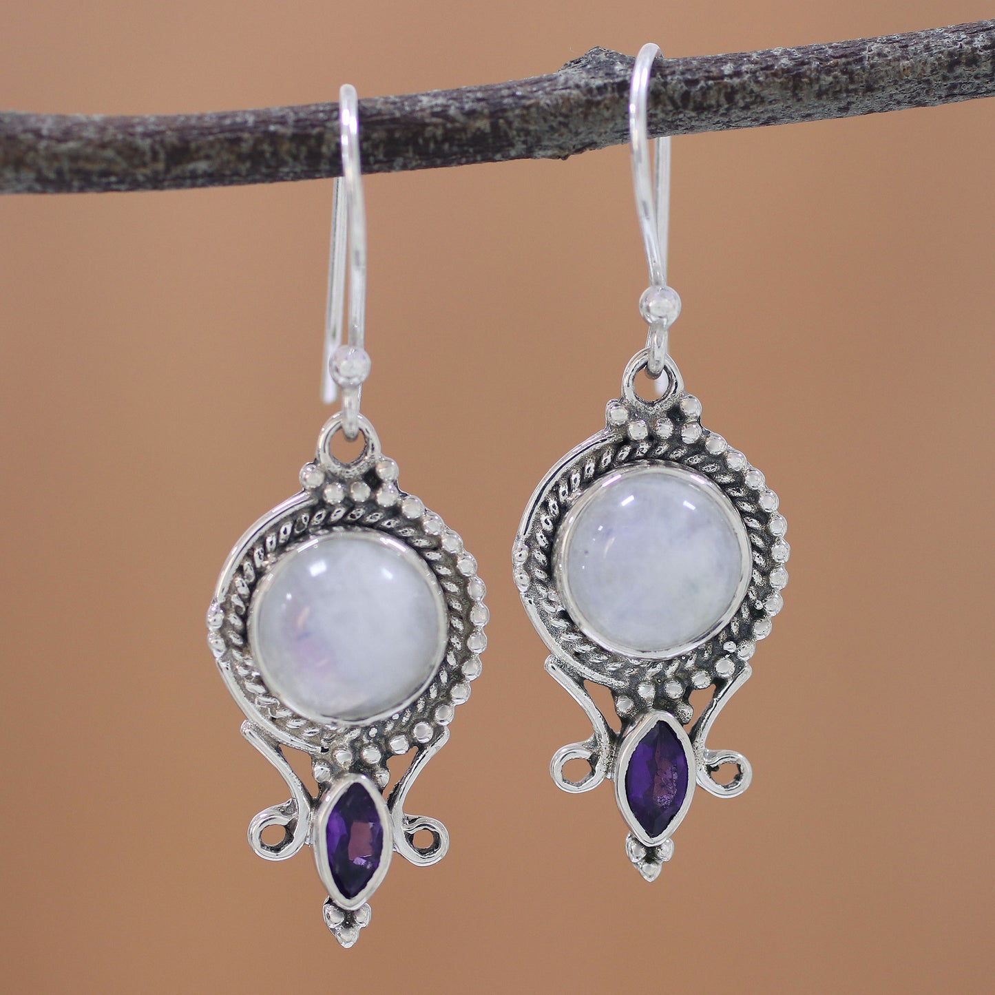 Majestic Windows Rainbow Moonstone and Amethyst Dangle Earrings from India