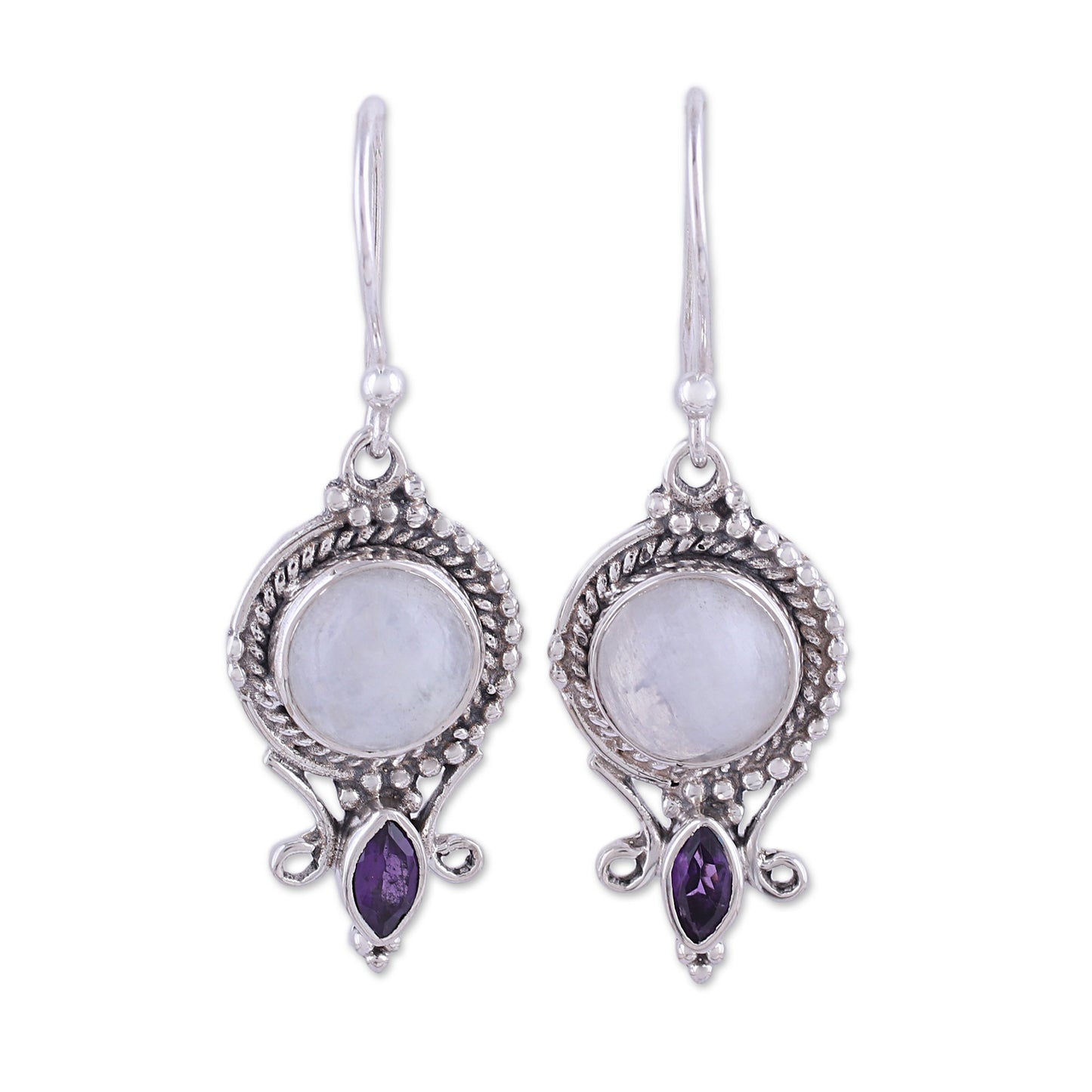 Majestic Windows Rainbow Moonstone and Amethyst Dangle Earrings from India