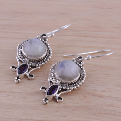 Majestic Windows Rainbow Moonstone and Amethyst Dangle Earrings from India