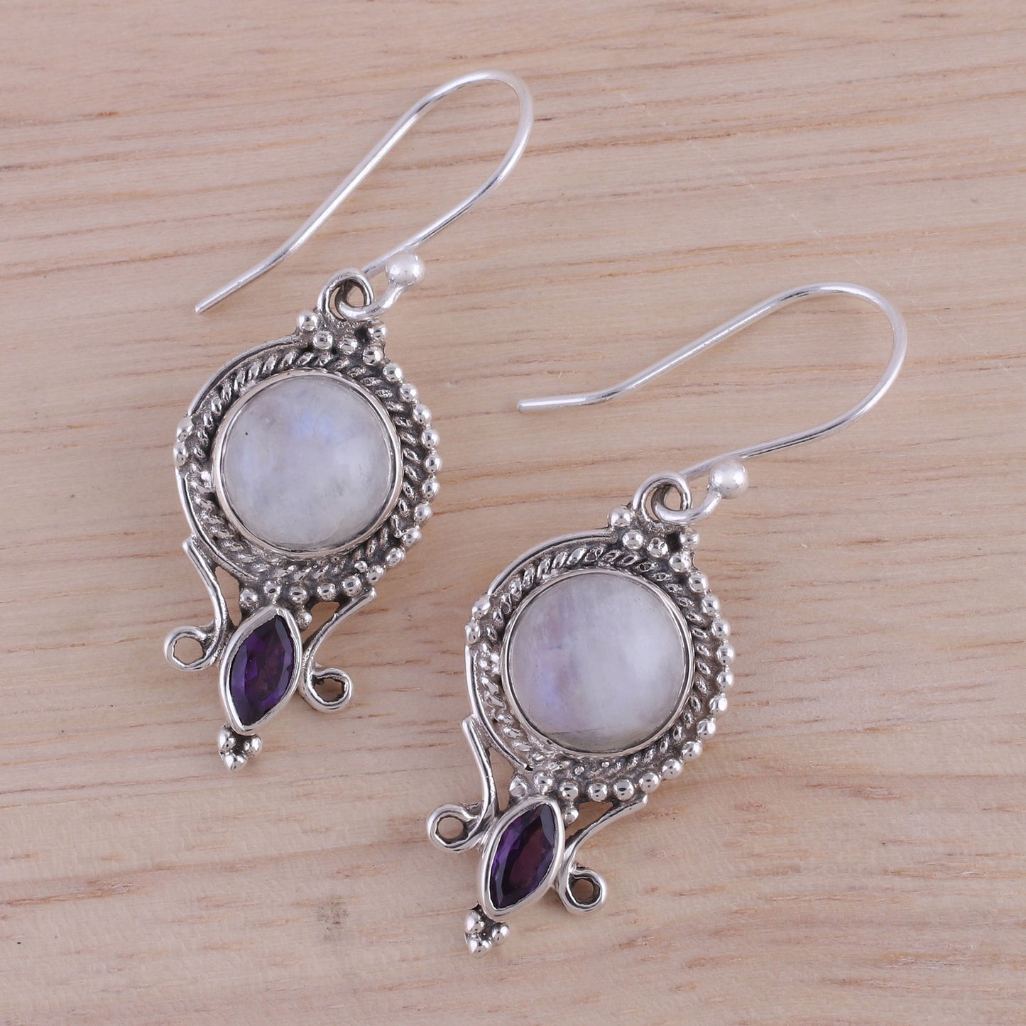 Majestic Windows Rainbow Moonstone and Amethyst Dangle Earrings from India