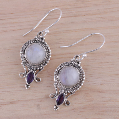 Majestic Windows Rainbow Moonstone and Amethyst Dangle Earrings from India