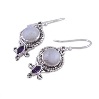 Majestic Windows Rainbow Moonstone and Amethyst Dangle Earrings from India