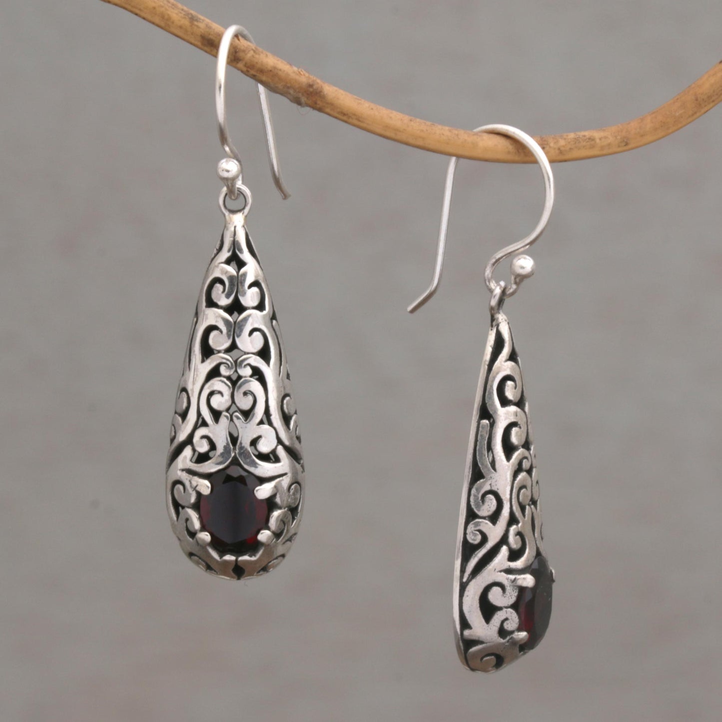 Dangling Vines Handcrafted Garnet and Sterling Silver Dangle Earrings