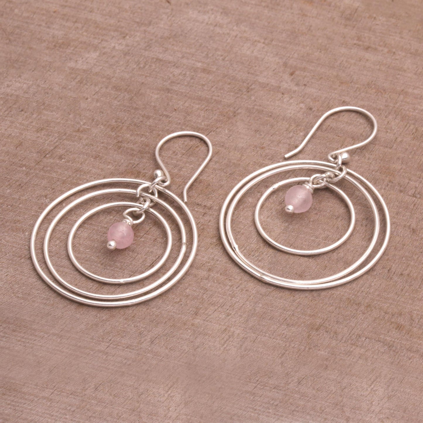 Atoms Rose Quartz and Sterling Silver Dangle Earrings from Bali