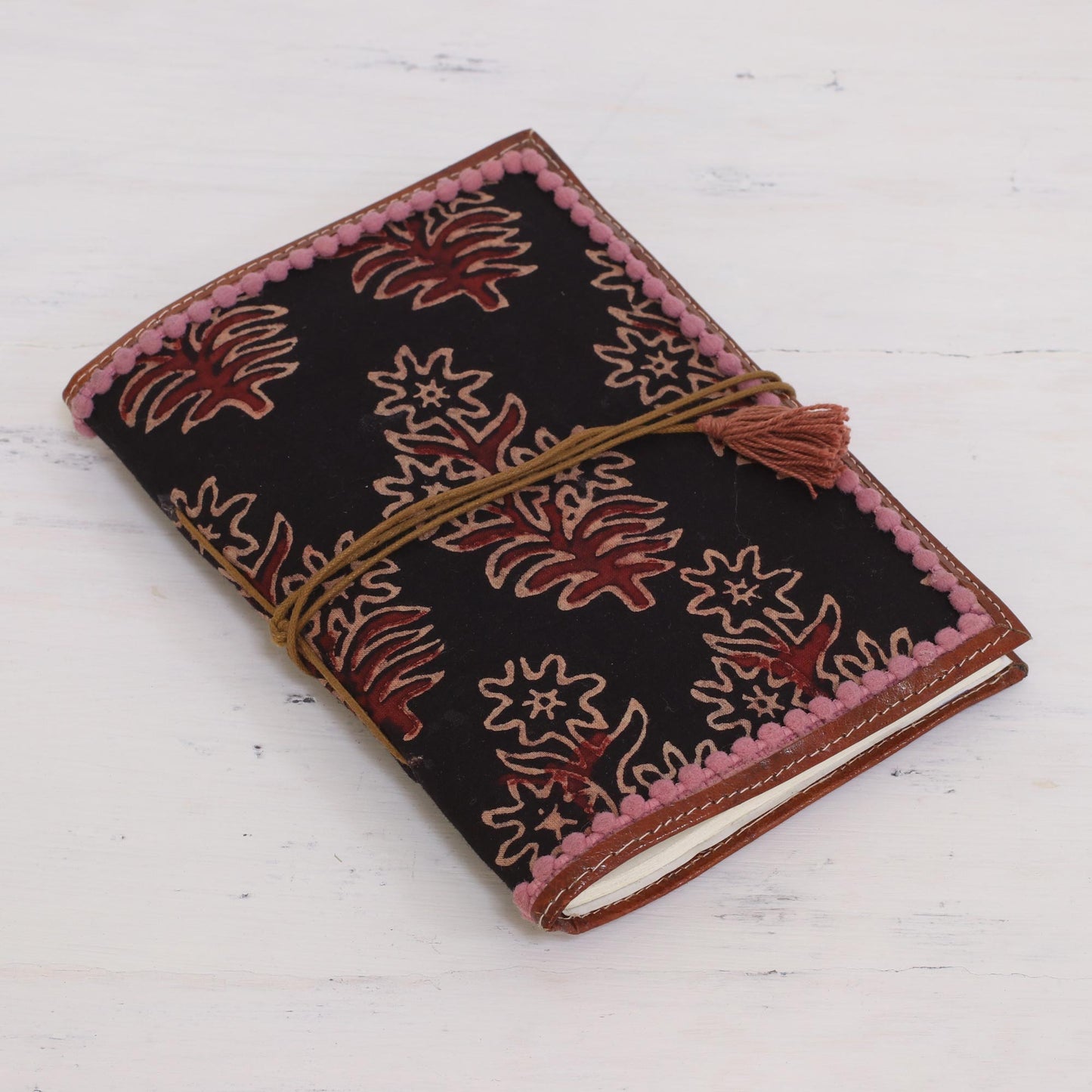 Onyx Garden Floral Leather Accent Cotton Journal in Onyx from India