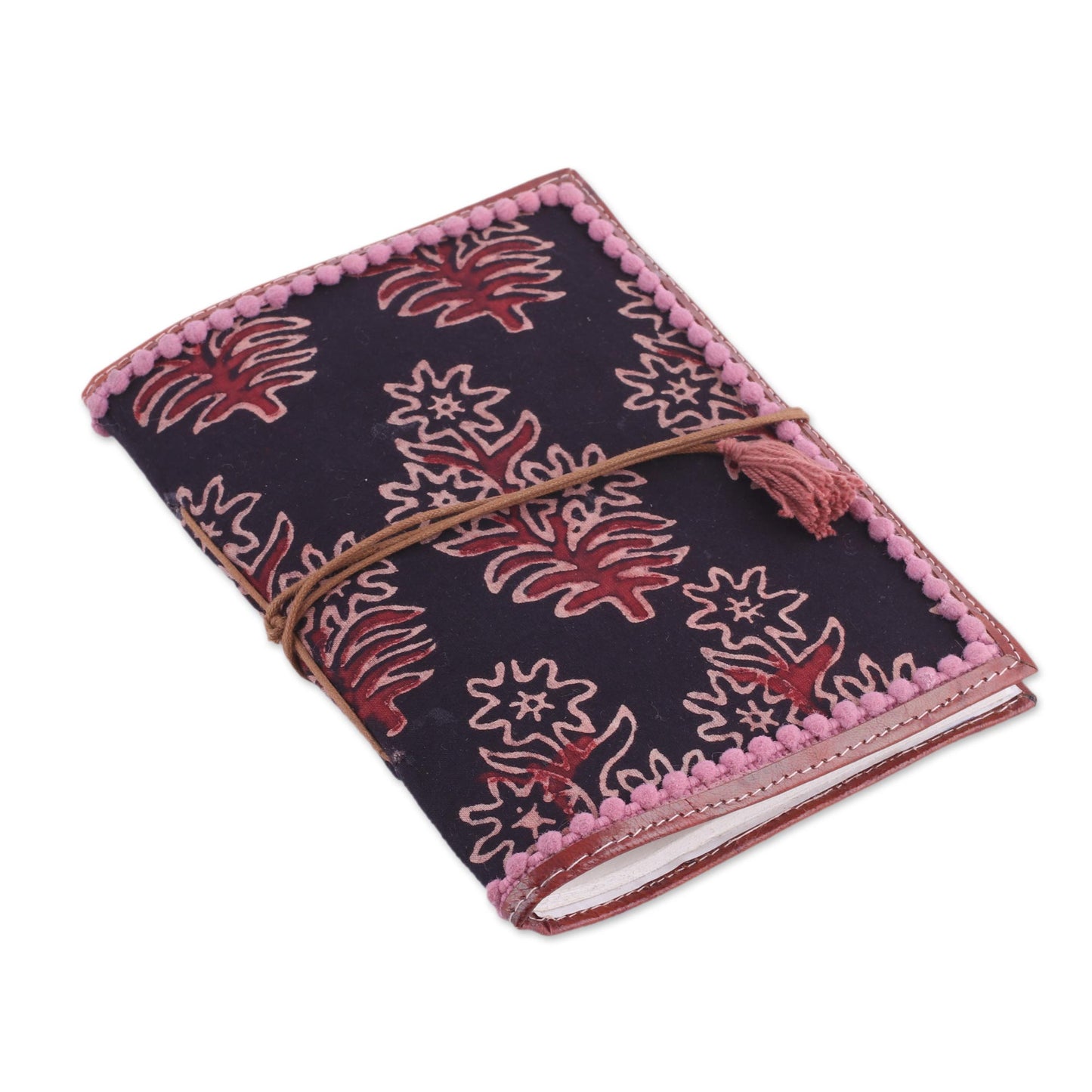 Onyx Garden Floral Leather Accent Cotton Journal in Onyx from India