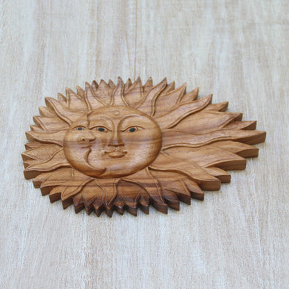 Lunar Solar Artisan Hand-Carved Sun and Moon Wall Relief Panel from Bali