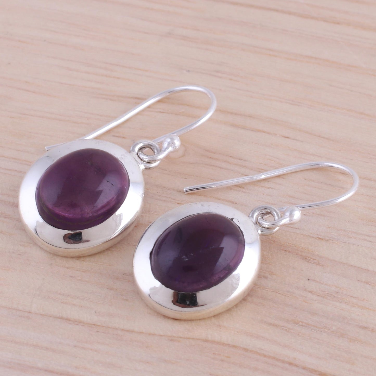 Haloed Purple Amethyst and Sterling Silver Dangle Earrings from India