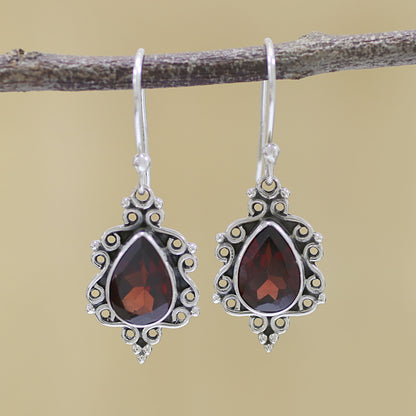 Red Intricacy Sterling Silver and Garnet Dangle Earrings from India