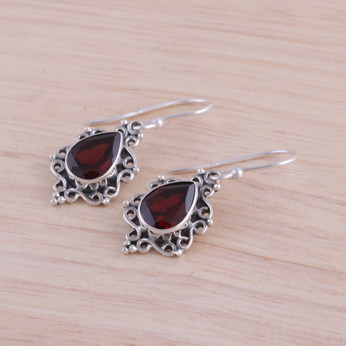 Red Intricacy Sterling Silver and Garnet Dangle Earrings from India