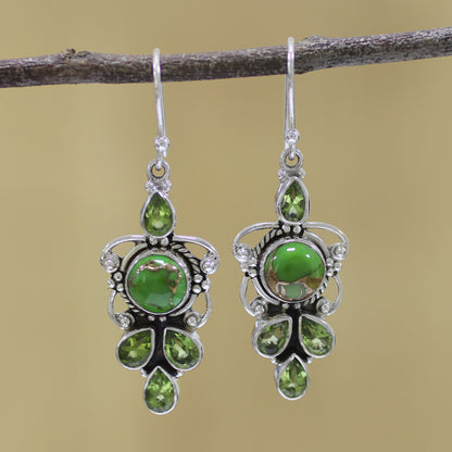 Glittering Green Peridot and Green Composite Turquoise 925 Silver Earrings