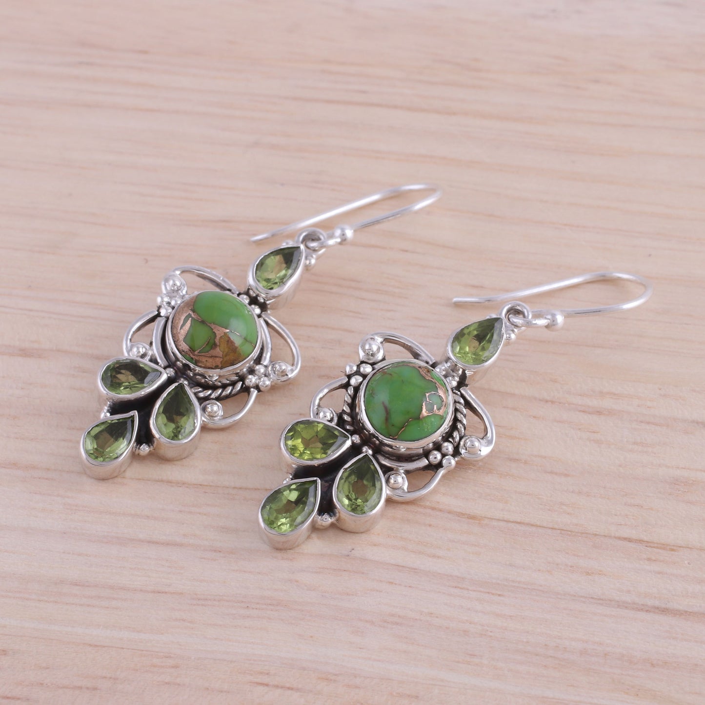 Glittering Green Peridot and Green Composite Turquoise 925 Silver Earrings