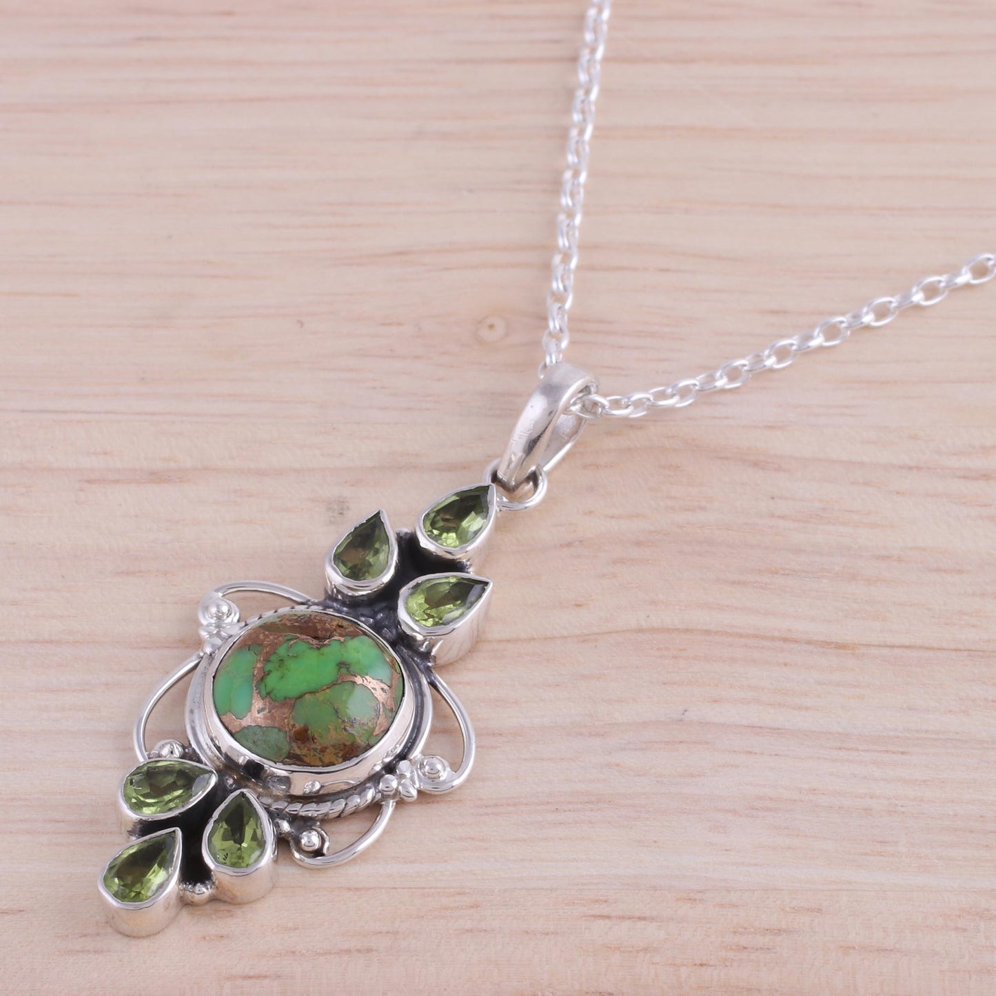 Glittering Green Peridot and Composite Turquoise Pendant Necklace from India