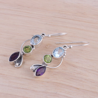 Shimmering Alliance Blue Topaz Peridot Amethyst Sterling Silver Dangle Earrings