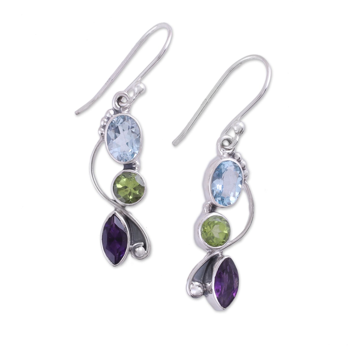 Shimmering Alliance Blue Topaz Peridot Amethyst Sterling Silver Dangle Earrings