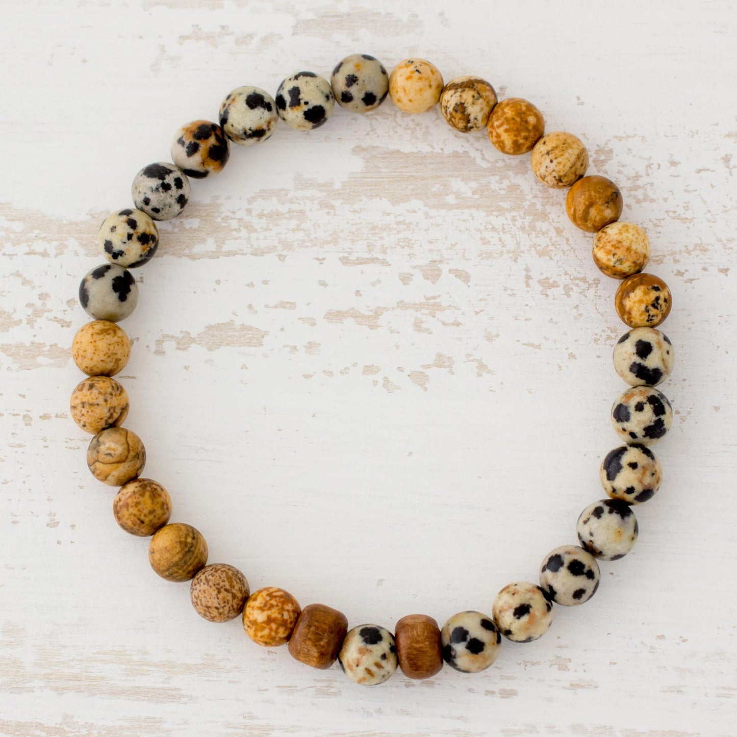 Estimable Beauty Jasper and Pinewood Beaded Stretch Bracelet from Guatemala