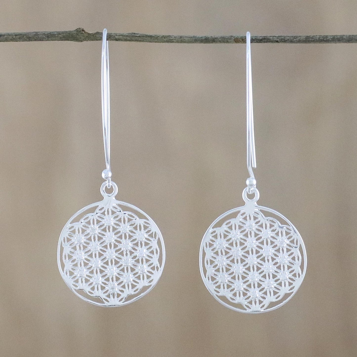 Fractal Circle Thai Sterling Silver and Cubic Zirconia Dangle Earrings