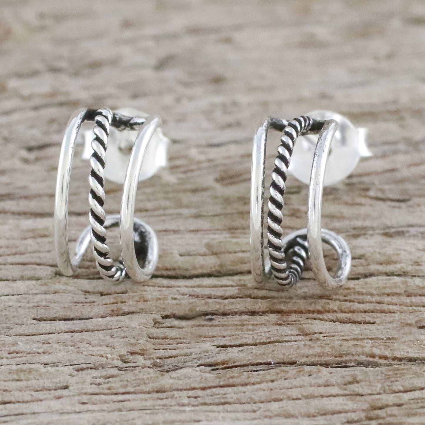 Lines Within Lines Combination Finish Silver Half-Hoop Earrings from Thailand