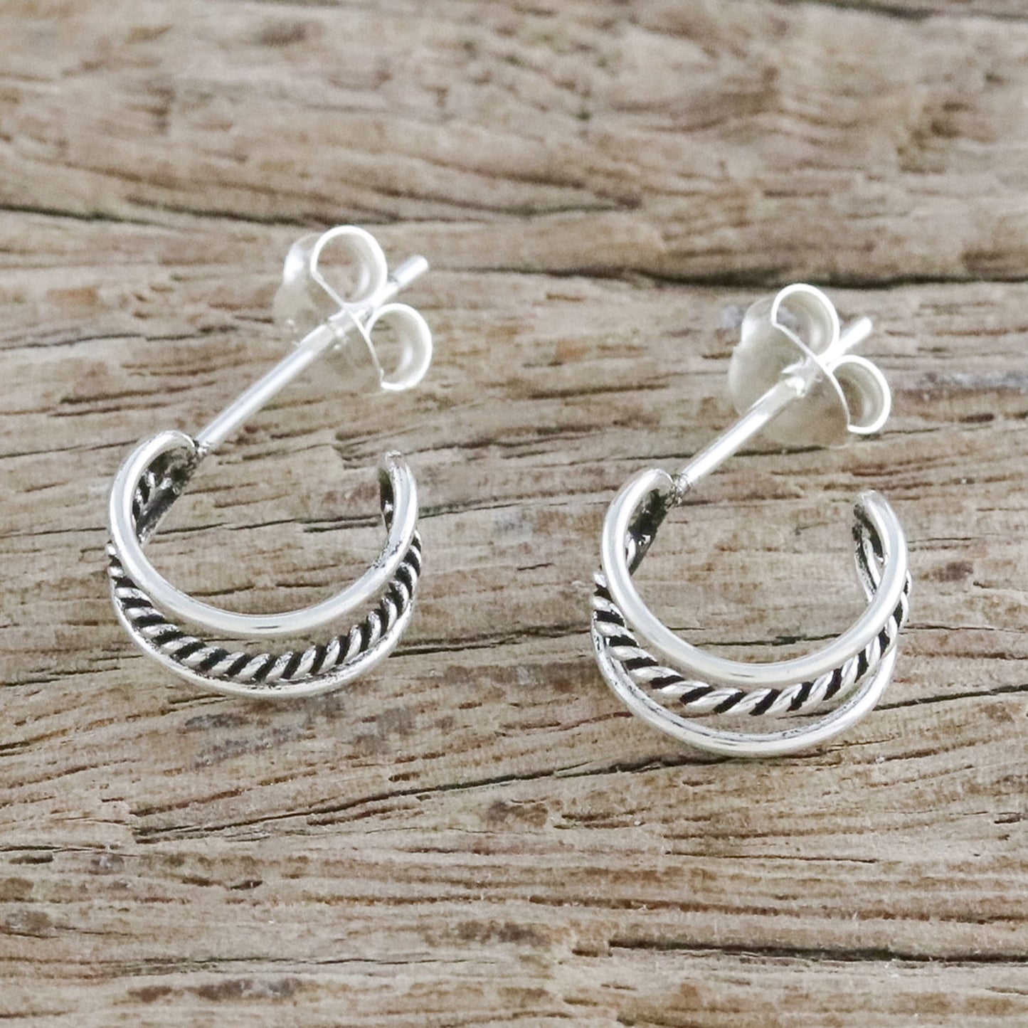 Lines Within Lines Combination Finish Silver Half-Hoop Earrings from Thailand