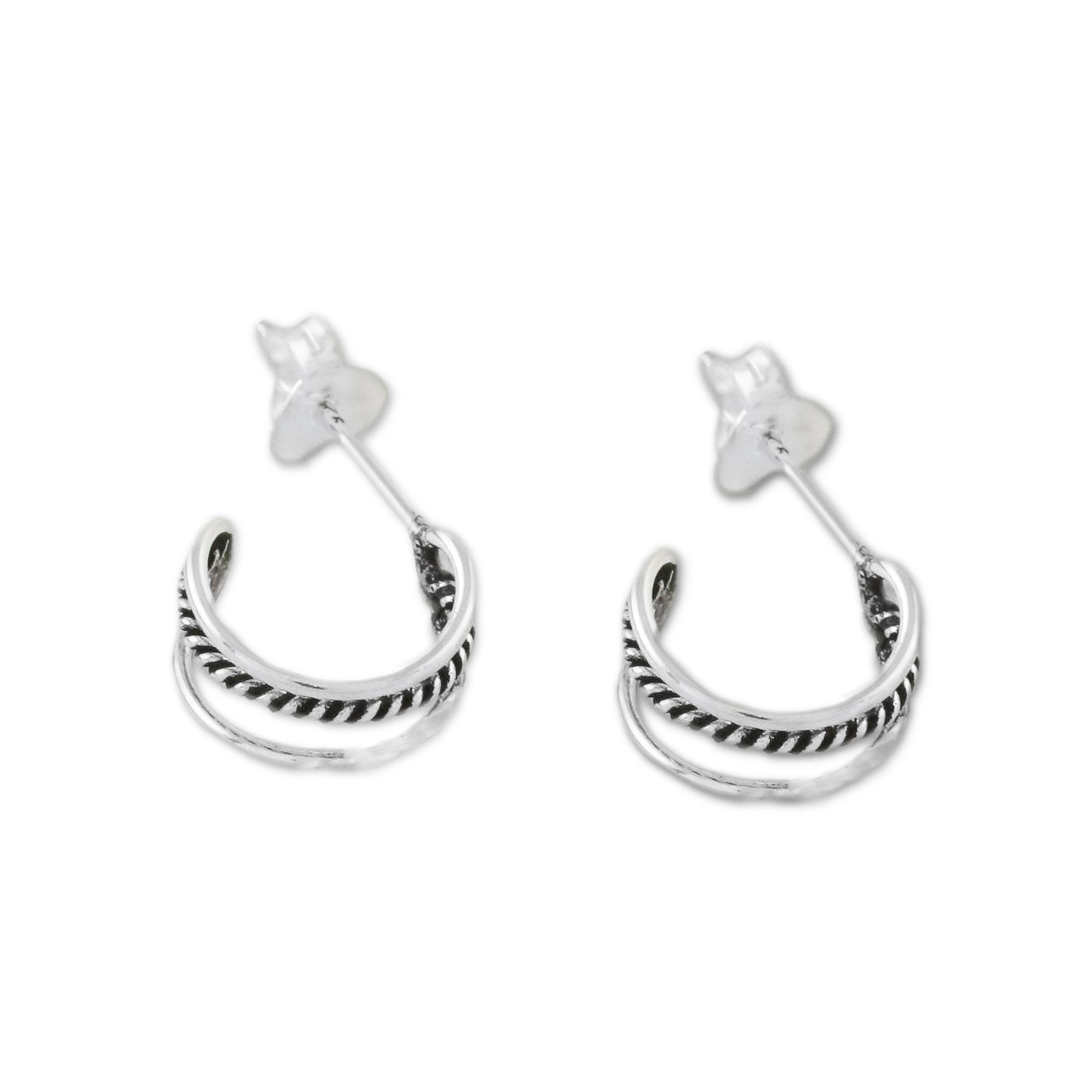 Lines Within Lines Combination Finish Silver Half-Hoop Earrings from Thailand