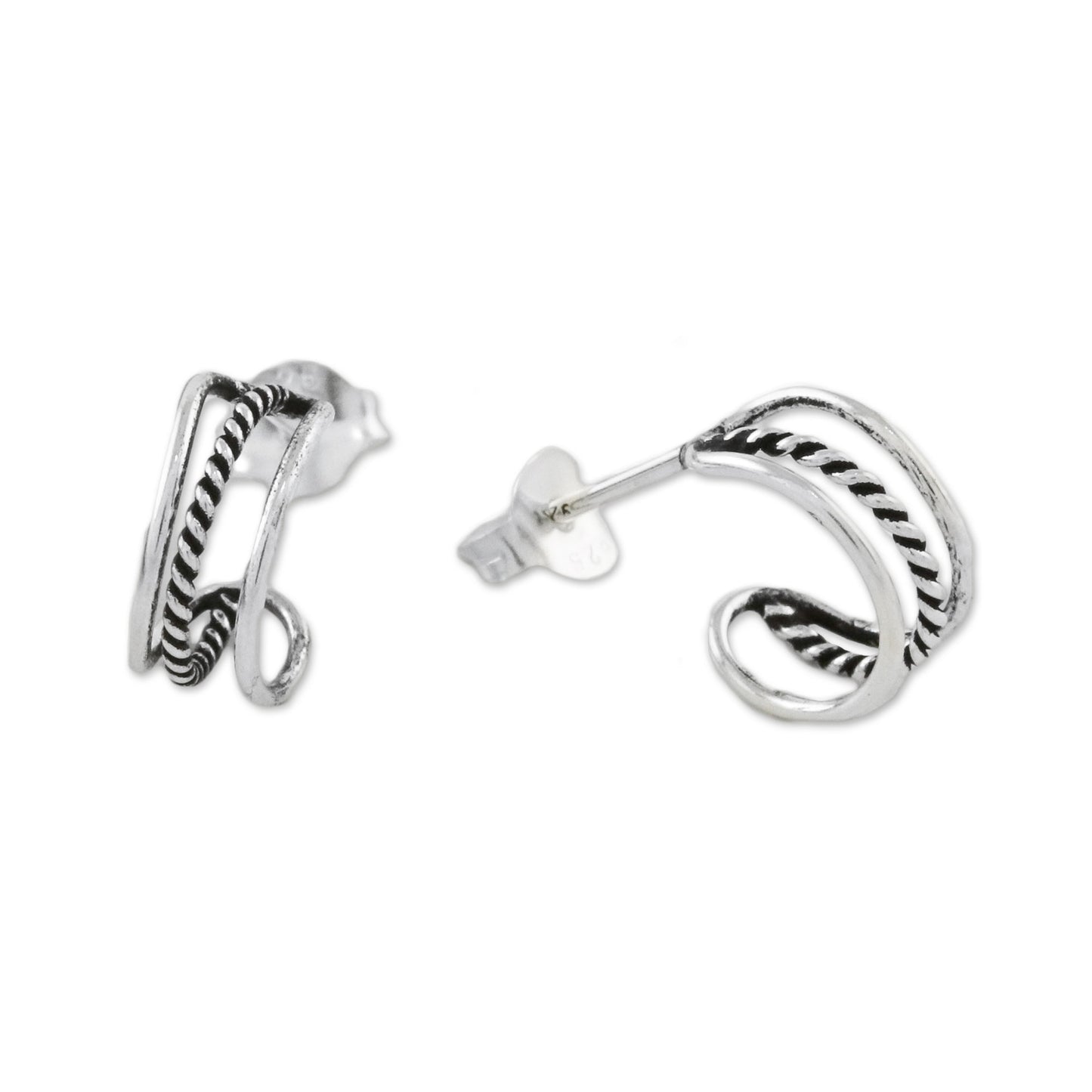 Lines Within Lines Combination Finish Silver Half-Hoop Earrings from Thailand