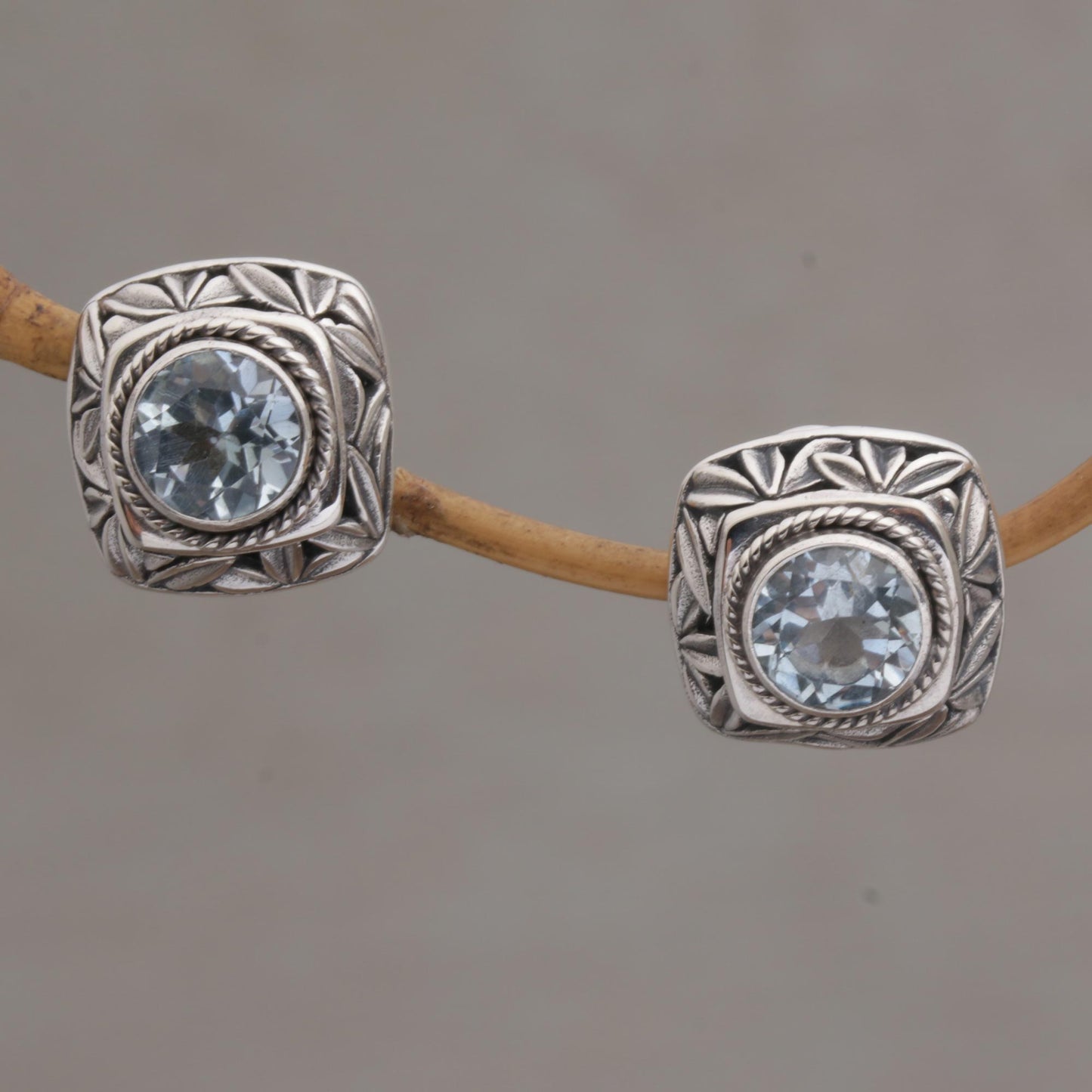 Bamboo Shade Blue Topaz and Sterling Silver Button Earrings from Bali