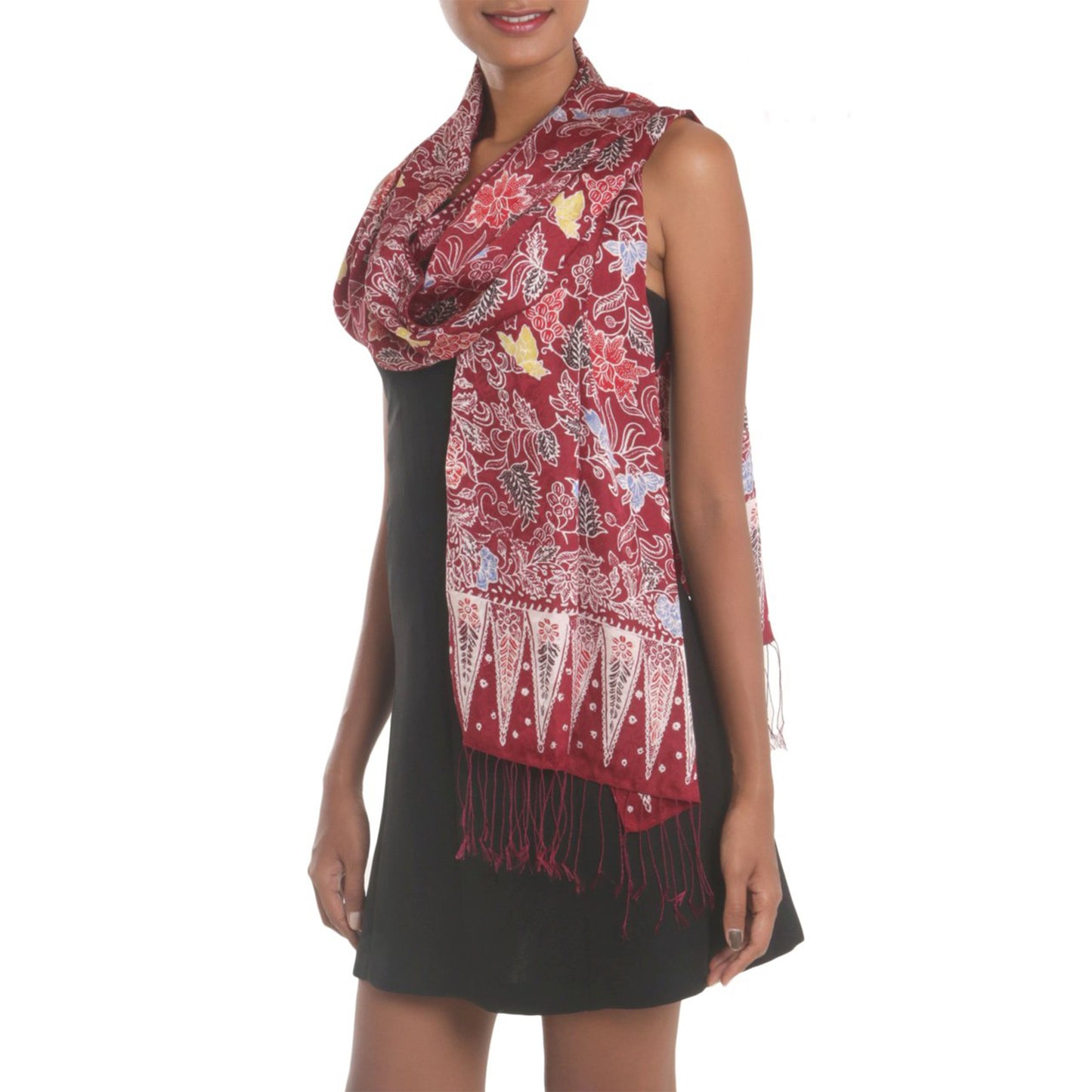 Maroon Garden Red Batik Silk Shawl