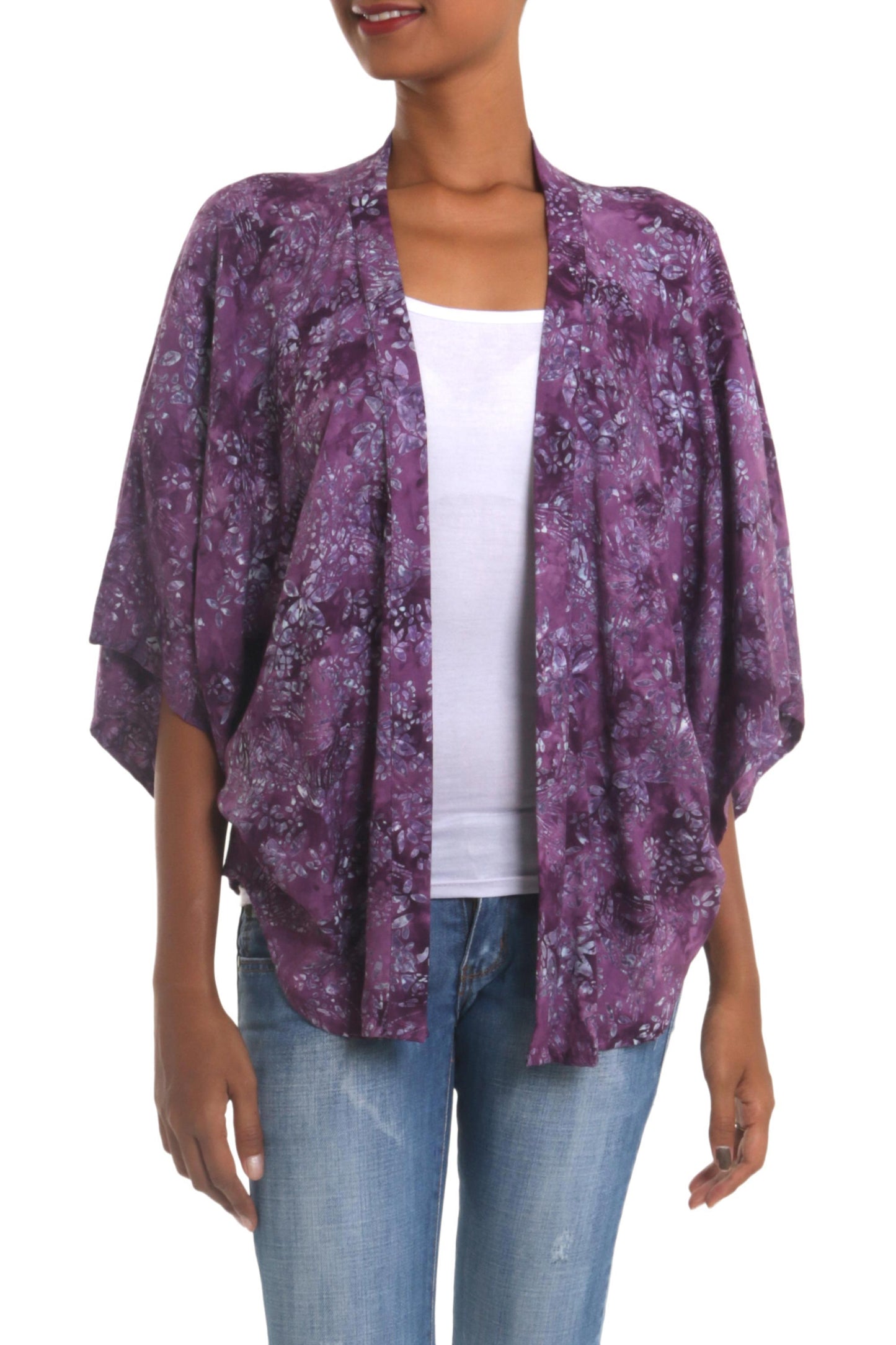 Lavish Garden in Boysenberry Purple Batik Short Rayon Kimono Jacket