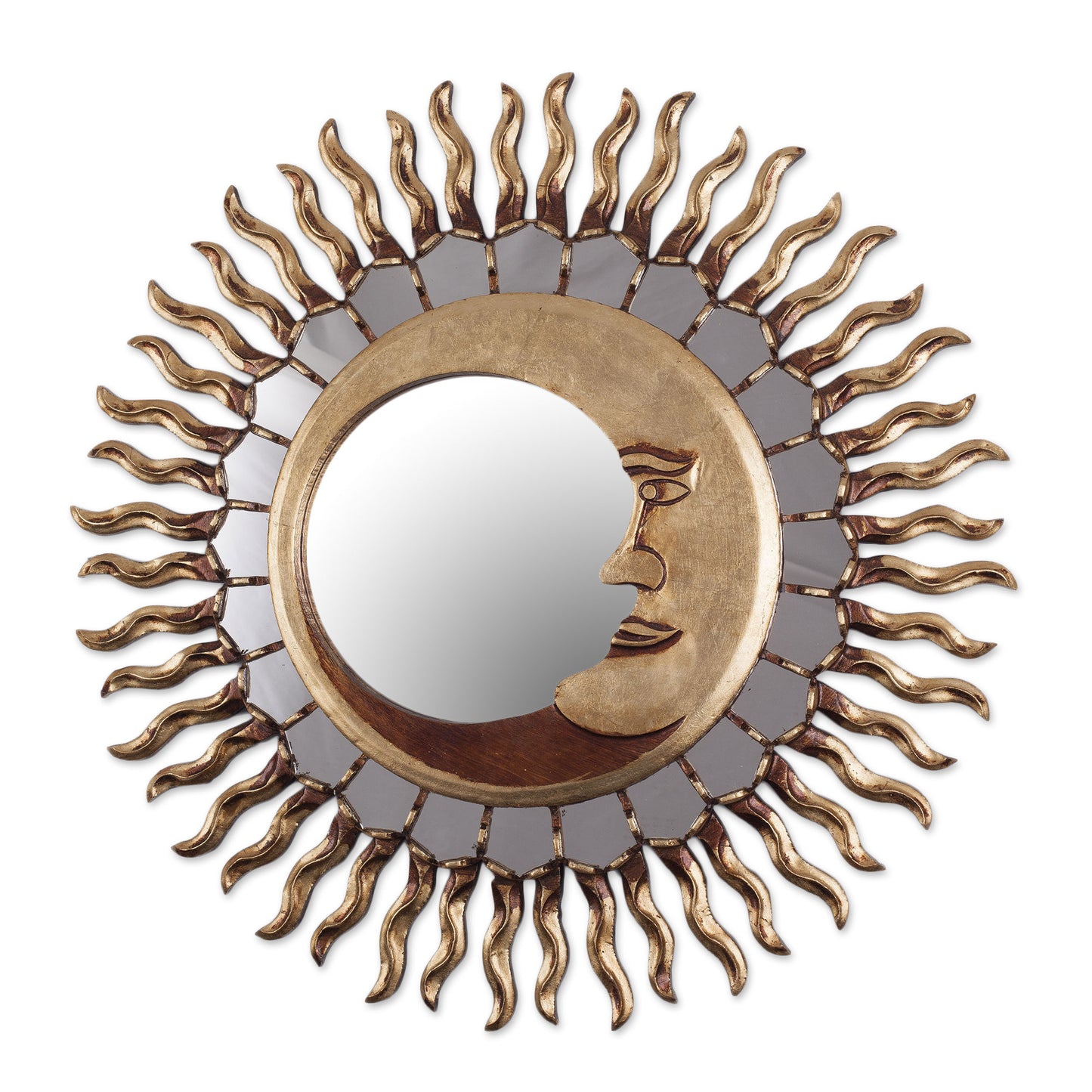 Cuzco Eclipse Sun and Moon Themed Bronze Leaf Wood Wall Mirror