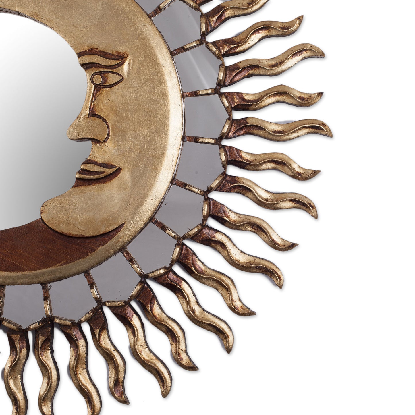 Cuzco Eclipse Sun and Moon Themed Bronze Leaf Wood Wall Mirror