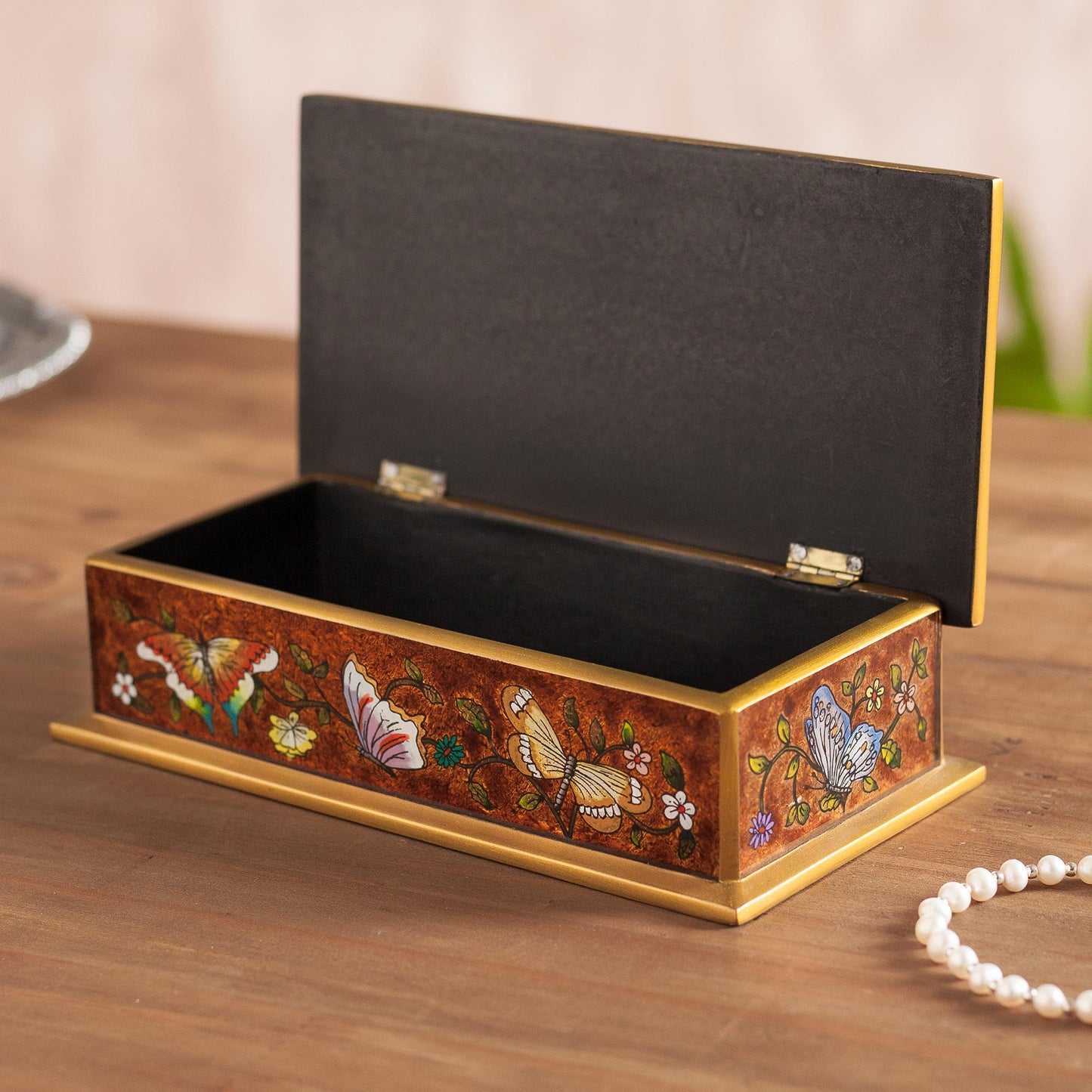 Butterfly Jubilee In Sepia Glass & Wood Box